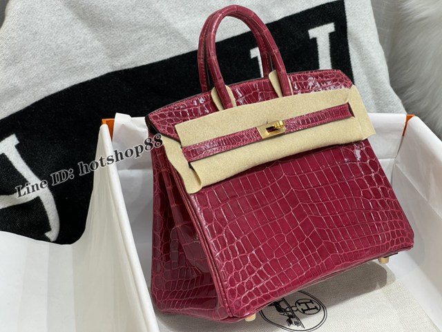 Hermes專櫃經典款鱷魚皮Birkin手提女包 愛馬仕鉑金25CM純手縫高光尼羅鱷魚肚皮女包 zhh1249